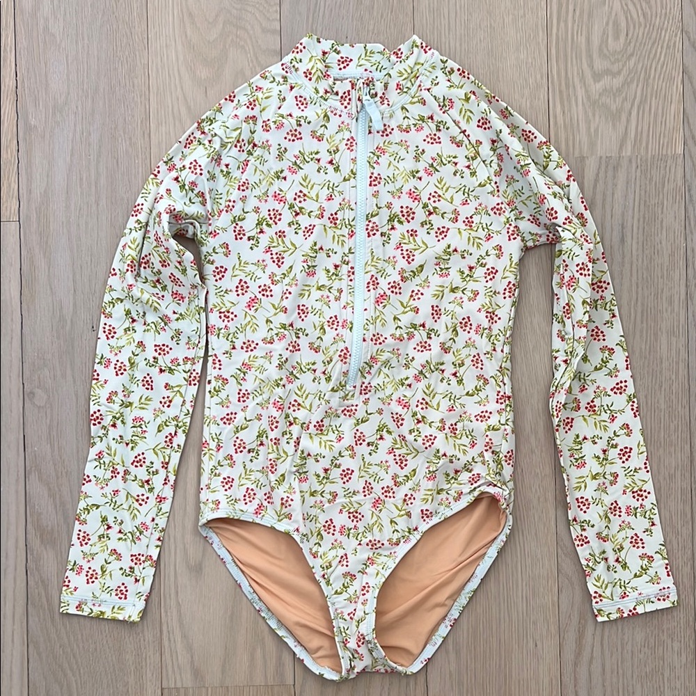 J. Crew Green and Pink One Piece Swimwear with Full Sleeves